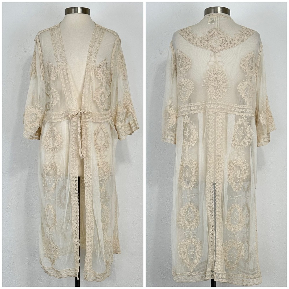 Festival Boho Western Kimono XL Lace Sheer Romantic Embroidered Duster Cardigan